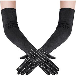 Women's Formal Flapper Sparkly Rhinestone Black Long Gloves Wedding Party